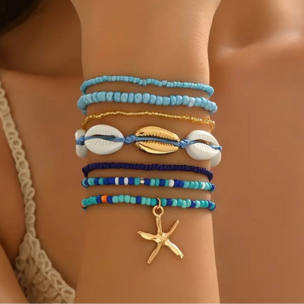 Blue and Gold Beaded Bracelet Set